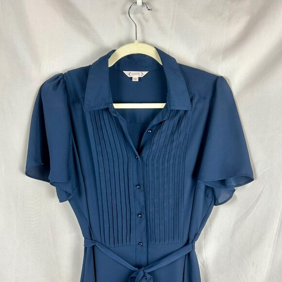 Nanette Lepore Flutter Sleeve Pintuck Shirt Dress Women 4 Navy Blue A Line Midi - Picture 5 of 14